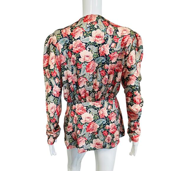 PACO RABANNE Floral Satin Printed Gathered V-Neck Blouse Top Size 42 US 10 - Picture 2 of 4